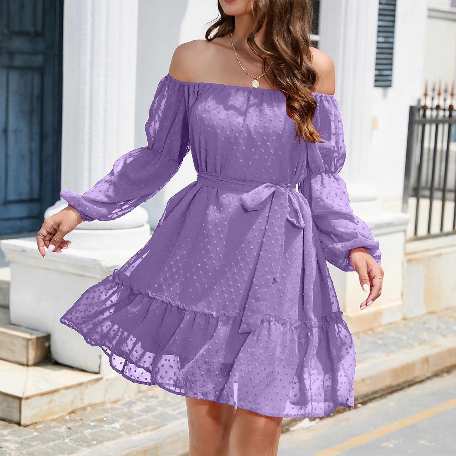 purple off the shoulder dress